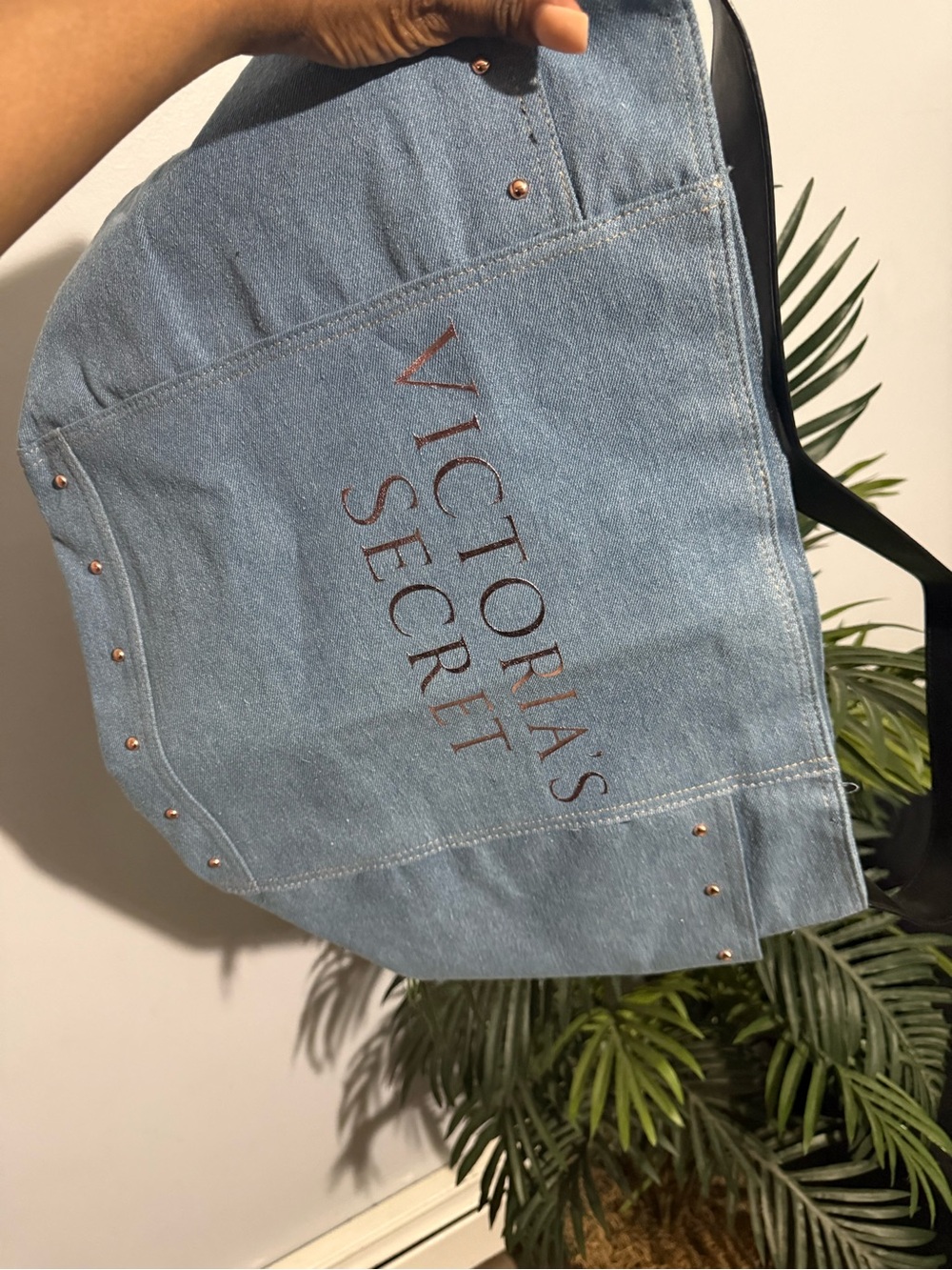 Victoria's Secret Light Blue Denim Tote with Rose Gold Logo